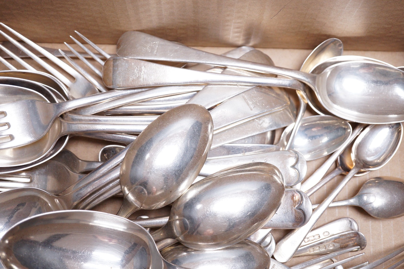 Forty five items of Edwardian silver Old English pattern flatware by John Round & Sons, Sheffield, 1904, one other silver teaspoons and two plated spoons